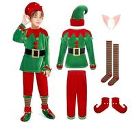 Monissy Deguisement Lutin Enfant Elfe Robe Collant de Noel Costume Anniversaire Fête Halloween Cosplay Partie Carnaval Soirée Cérémonie Communion avec Accessoires Vêtements Garçon,Rouge,150