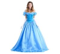 Monissy Déguisement Princesse Robe Cendrillon Classic Femme Adult Cristal Costume Longue Tulle de Soirée Carnaval Anniversaire Fête Cosplay Halloween Noël avec Accessoires,Bleu,2XL