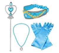 Monissy Enfant Accessoires Déguisement Aladdin Princesse Jasmine Serre-tête Couronne Boucles d'oreilles Collier Gants Noeuds Baguette Perruque Halloween Noël Cadeaux,Bleu