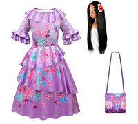 Monissy Enfant Encanto Isabela Fille Robe de Princesse Déguisement Carnaval Halloween Cosplay Costume Fête Cadeau Robe de Soirée Perruque Sac Cape Boucles D'oreille,Violet+Perruque+Sac,100