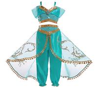 Monissy Fille Aladdin Déguisement Pour Enfant Princesse Jasmine Robe de Princesse avec Bandeau Perruque Pantalons Top Costume Noël Halloween Carnaval à Volants Paillettes,Vert 1,150