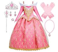 Monissy Fille Déguisement Princesse Aurora Belle au Bois Dormant Enfant Robe de Princesse Dentelle Tenue Halloween Noël Carnaval Soirée Représentation Automne Hiver,Rose,130