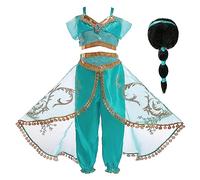 Monissy Fille Princesse Jasmine Costume pour Caranaval Robe de Princesse Aladdin Enfant Cadeau Noël Déguisement avec Perruque/Bandeau Halloween Haut Pantalones Paillettes,Vert+Perruque,100
