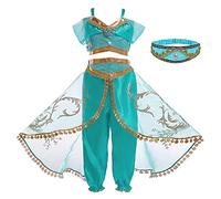 Monissy Fille Princesse Jasmine Costume pour Caranaval Robe de Princesse Aladdin Enfant Cadeau Noël Déguisement avec Perruque/Bandeau Halloween Haut Pantalones Paillettes,Vert 2,150