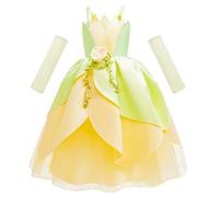 Monissy Frog Prince Princess Tiana Robe de Luxe Robe Princesse avec Manches Cosplay Halloween Carnaval Costumes Noël Anniversaire Fête Deguisement Robe,Vert,120