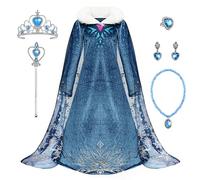 Monissy La Reine des Neiges Elsa Princesse Robe Fille Bleu Col Blanc Duvet Manche Longue Cape Tulle Glace Neiges Imprimé Asymétrique Costume Frozen Mariage Anniversaire Canarval - Bleu - 130