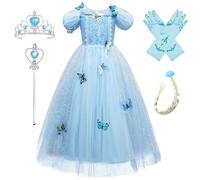 Monissy Princesse Elsa Robe Costume Reine des Neiges Bleu Dentelle Manche Longue Tulle Brillant Papillon Diadème Perruque Gant Baguette Déguisement Halloween Anniversaire,Bleu,140