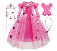 Monissy Princesse Elsa Robe Costume Reine des Neiges Rose 2 Dentelle Manche Longue Tulle Brillant Papillon Diadème Perruque Gant Baguette Déguisement Halloween Anniversaire,Rose 2,110