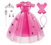 Monissy Princesse Elsa Robe Costume Reine des Neiges Rose Dentelle Manche Longue Tulle Brillant Papillon Diadème Perruque Gant Baguette Déguisement Halloween Anniversaire,Rose,100