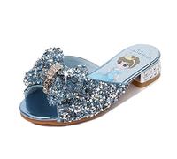Monissy Princesse Fille Chaussures à Talon Haut Pantoufle Argenté Paillette Noeud Elsa Badge Semelle Elsa Imprimé Reine des Neiges Sandale Bouche de Poisson Noël Halloween, Bleu, 26