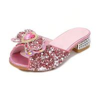 Monissy Princesse Fille Chaussures à Talon Haut Pantoufle Argenté Paillette Noeud Elsa Badge Semelle Elsa Imprimé Reine des Neiges Sandale Bouche de Poisson Noël Halloween, Rose, 32