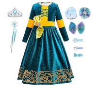 Monissy Princesse Merida Enfant Fille Robe Col Rond Manches Longues Bleu Jaune Brave Déguisement Velours Noeud Tulle Jaune Vêtement Représentation Noël Halloween, Bleu, 120