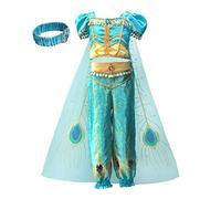 Monissy Princesse Robe Aladin Jasmine Enfant 2Pcs Top Pantalon Tulle Paillette Serre-tête Penne Paon Imprimé Cape Déguisement Halloween Anniversaire Vert Or 100-150cm