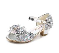 Monissy Reine des Neiges Fille Chaussures à Talon Haut Princesse Sandales Bout Ouvert Noeud 2 Couches Paillettes Cuir Cristal Perle Chaussures de Dance Boucle Noël Soirée, Argenté, 26