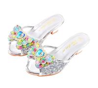 Monissy Reine des Neiges Princesse Elsa Mules Talon Haut Pantoufle Bouche de Poisson Paillette Deux Noeuds en Cuir Elsa Badge Crystal Incrusté Perles Colorés Fille Chaussures Noël
