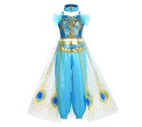Monissy Robe de Princesse Jasmin Lampe Magique d’Aladin Robes pour Enfants Cosplay Halloween Carnaval Costumes Noël Anniversaire Mariage Enfant Fille Déguisement,Bleu,110