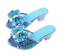 Monissy Sandale à Talon Haut Mules Bouche de Poisson Argenté Paillette Noeuds Métal Crystal Incrusté Perle Fille Princesse Déguisement Chaussures de Danse Noël Halloween, Bleu, 29 EU