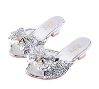 Monissy Sandale à Talon Haut Mules Bouche de Poisson Argenté Paillette Noeuds Métal Crystal Incrusté Perle Fille Princesse Déguisement Chaussures de Danse Noël Halloween, Argent, 34 EU