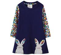 Monissy Vêtement de Enfant Fille Chemise de Nuit en Coton Manches Longues Petites Fleurs Colorées Bébé Robe 2 Lapins Gris Couture Robe Confortable Printemps Autumne, Bleu, 100