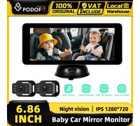Moniteur de voiture pour bébé Podofo avec miroir, 2 caméras de vision arrière, écran 6,86 pouces, fixation sur l'appuie-tête, grand angle de vision pour nourrissons, enfants, animaux de compagnie,