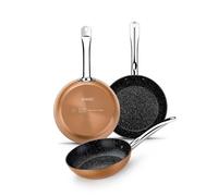MONIX Copper | Set de poêles 18-22-26 cm, aluminium forgé, effet cuivre métallisé, manche riveté, système induction complet,