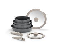 MONIX One Click Pietra | Batterie 8 pièces, aluminium forgé avec antiadhésif, sans PFOA, poignée amovible, convient pour tous types de cuisinières, y compris induction, empilable pour économiser de