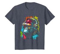 Monkey DJ avec écouteurs et Lunettes de Soleil Gorilla Musik T-Shirt, Enfant, Bleu Chiné, 8 Ans
