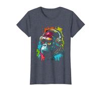 Monkey DJ avec écouteurs et Lunettes de Soleil Gorilla Musik T-Shirt, Femme, Bleu Chiné, XS