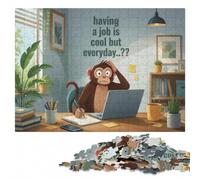 Monkey Office Blues Puzzle en Bois Illustré 500 pièces pour Adultes | Cadeau pour amateur de puzzle - loisir manuel en intérieur à son propre rythme.
