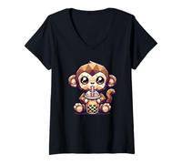 Monkeys Monkey Lover Gifts Femme Géométrique Art Singe Thé au lait Perles de boba Tapioca T-Shirt avec Col en V Noir Taille S