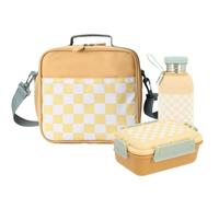 Monnëka Pack Repas Enfants | Bouteille Inox 500ml avec housse + Lunch box Bento 900ml + Sac isotherme | Kit complet pour l’école ou les sorties | Yellow Chess