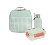 Monnëka Pack Repas Enfants | Bouteille Inox 500ml avec housse + Lunch box Bento 900ml + Sac isotherme | Kit complet pour l’école ou les sorties | Stripes Sage
