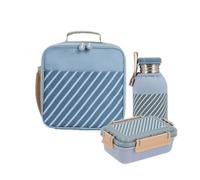 Monnëka Pack Repas Enfants | Bouteille Inox 500ml avec housse + Lunch box Bento 900ml + Sac isotherme | Kit complet pour l’école ou les sorties | Stripes Bleu