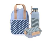 Monnëka Pack Scolaire Enfants | Sac à Dos + Bouteille INOX 750ml avec Housse + Lunch Box Bento 900ml | Kit Pratique et sans BPA pour l’école ou Les Sorties | Stripes Bleu