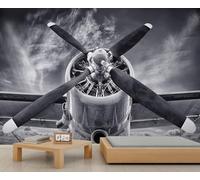 Monochrome Aviation Engine Wall Art Mural - Retro Biplane Impression mécanique, autocollant grand fond d'écran pour l'aviation Enthusiaste Room 250x195cm (Non autocollant)