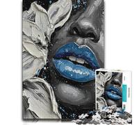 Monochrome Portrait with Blue Lips Painting Puzzle en Bois, 500 pièces