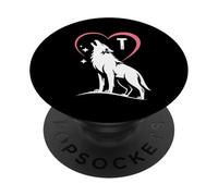 Monogramme lettre T avec un loup mignon et un cœur PopSockets PopGrip Adhésif