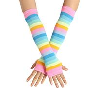 MONOJLY Manchettes longues tricotées au-dessus du coude pour femmes et filles - Rayures arc-en-ciel - Patchwork - Mitaines avec trou pour le pouce, 5, 35 cm