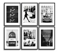 MONOKO® - Lot de 6 posters de salon - Qualité supérieure - Pour chambre à coucher - Ensemble de 6 tableaux muraux élégants - Sans cadre (Fashion, noir et blanc, 6 x A4) - 21 x 29,7 cm