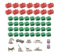 Monopoly Kit de pièces de rechange - 12 hôtels rouges, 32 maisons vertes et 8 figurines en métal - Accessoires de rechange Monopoly de haute qualité pour jeux de société, maisons et hôtels en