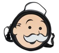 Monopoly Sac à bandoulière rond en cuir vegan avec bretelles réglables, Mr Monopoly Face Applique gros plan Noir