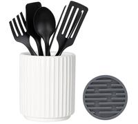 MONOSUGO Petit porte-ustensiles pour comptoir de cuisine (13 x 11 cm) - Porte-ustensiles de comptoir en céramique pour ustensiles de cuisine, pot pour comptoir avec tapis de séchage en silicone blanc