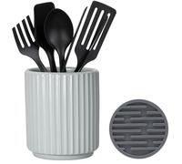 MONOSUGO Petit porte-ustensiles pour comptoir de cuisine (14 x 11 cm) - Porte-ustensiles de comptoir en céramique pour ustensiles de cuisine, pot pour comptoir avec tapis de séchage en silicone bleu
