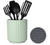 MONOSUGO Petit porte-ustensiles pour comptoir de cuisine (14 x 11 cm) - Porte-ustensiles de comptoir en céramique pour ustensiles de cuisine, pot pour comptoir avec tapis de séchage en silicone vert