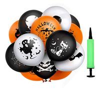 MonQi 100Pcs Ballons Halloween 12″, Ballons Noir Orange Blanc pour Decoration Halloween • Renforcé • 100% Latex Naturel • avec Pompe à Air • 9 Motifs(Citrouille,Batte,Toile Araignée,Squelette etc.)