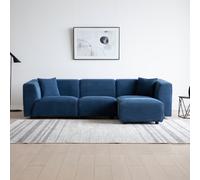 Monroe - Canapé Modulable 4 Places: Canapé Droit 3 Places + 1 Pouf Velours Côtelé Bleu Bleu