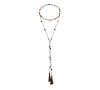 Monsefi Collier ras du cou réglable en onyx noir et pierre de lave avec pompons bohèmes noués à la main pour yoga, méditation, énergie pour femme, kaki beige marron