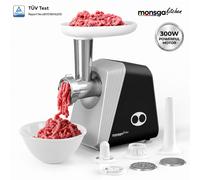 MONSGA G100 Hachoir à viande multifonction, 300 W, puissance maximale de 1200 W, fonction de remontée et rangement du cordon, comprend 3 disques de coupe, accessoires pour saucisses, kibbeh et biscuit