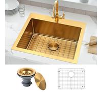 MONSINTA Évier de bar, évier de bar, évier à linge, 63,5 x 55,9 cm, évier utilitaire, évier en acier inoxydable, calibre 14 avec protection d'évier et filtre d'évier de cuisine, évier à barre dorée