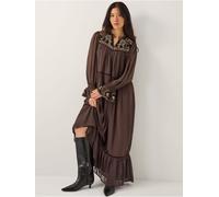 Monsoon Monsoon Brown Nova Embroidered Yoke Chiffon Maxi Dress Brown medium